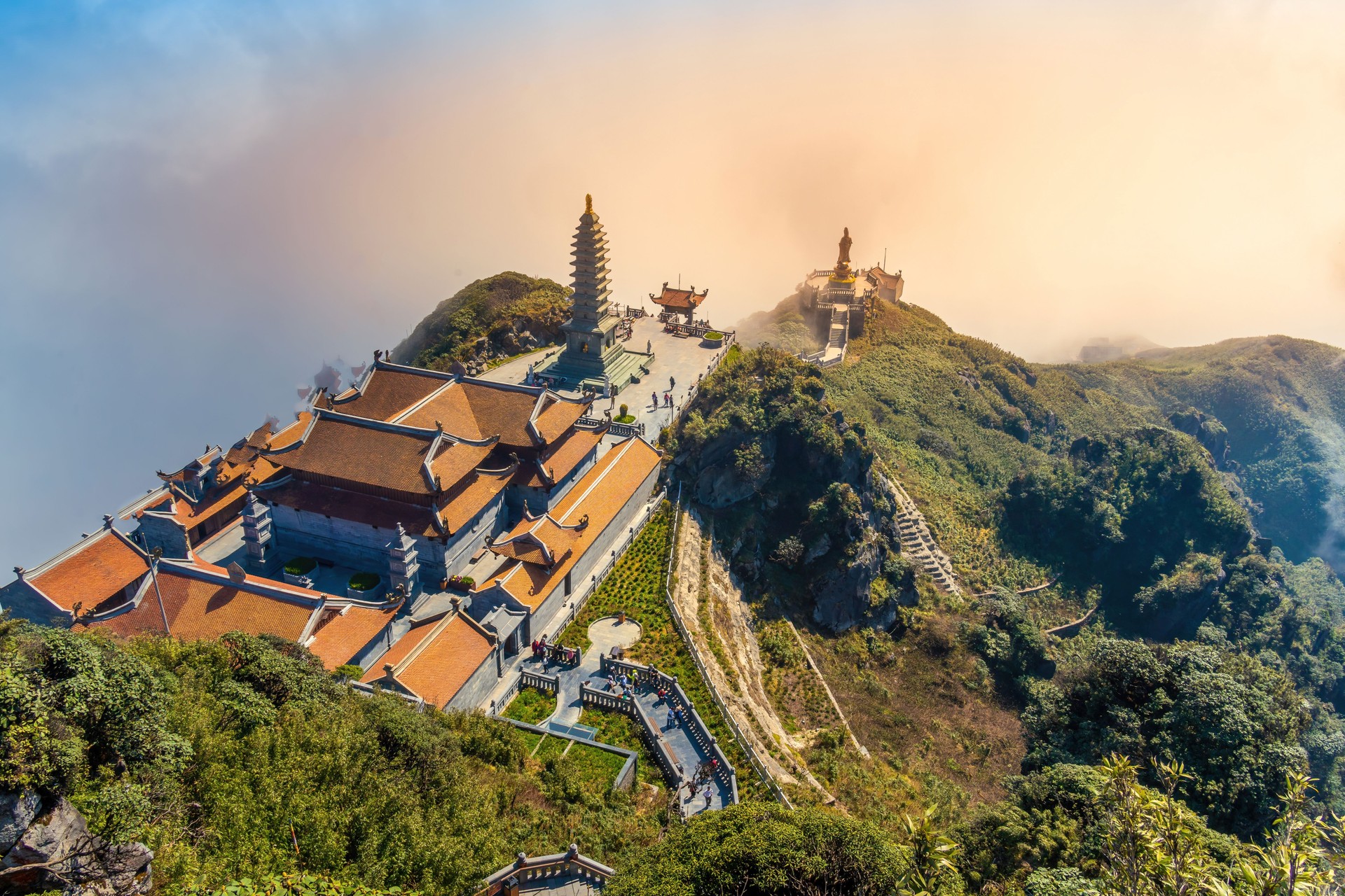 Beautiful view from Fansipan mountain with a Buddhistic temple. Sa Pa, Lao Cai Province, Vietnam.