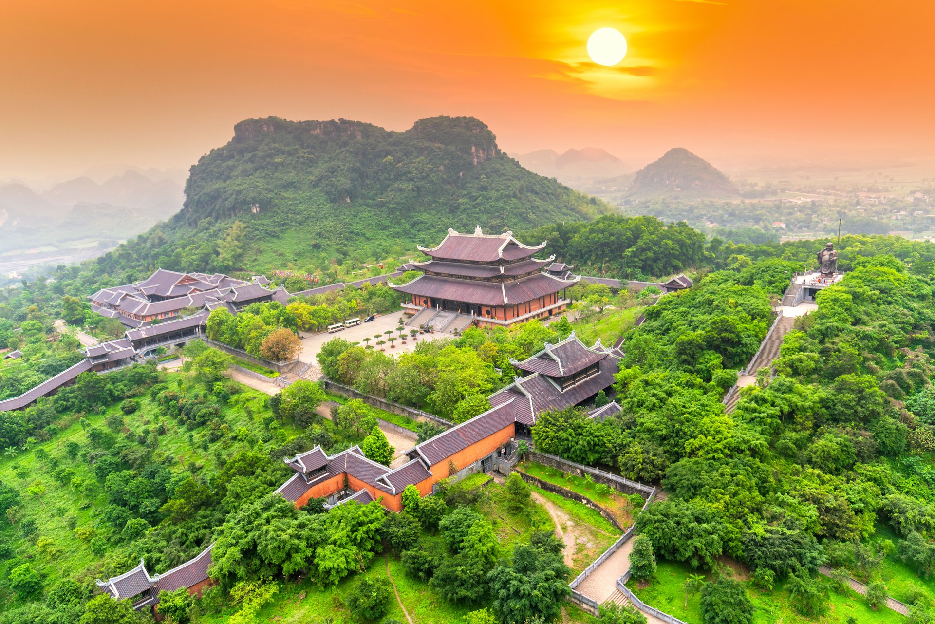 Sunset landscape of Bai Dinh temple complex from above